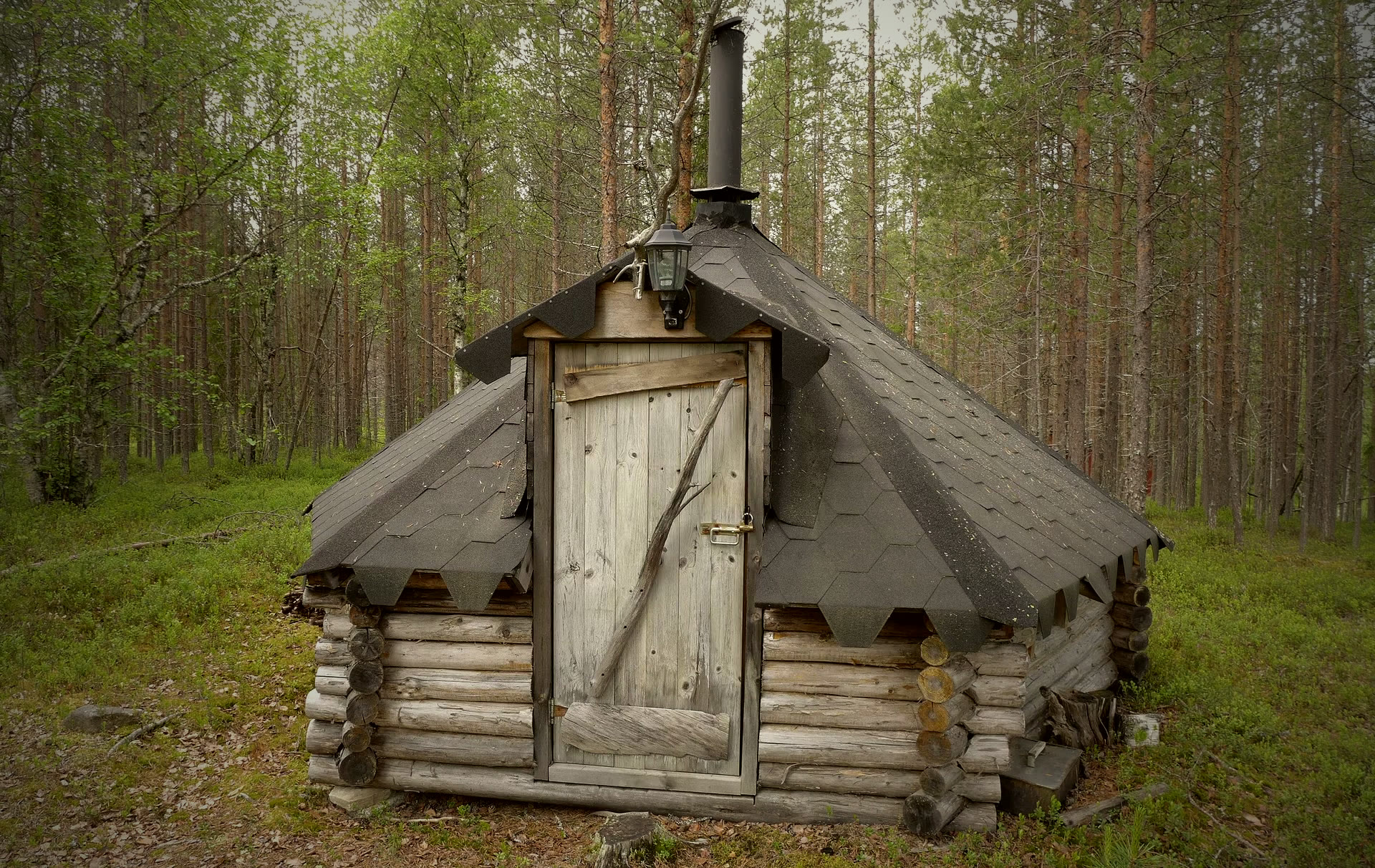 10 m² grillikota, pyöreä kelokota metsässä